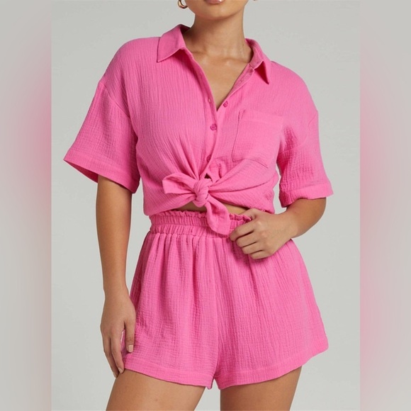 Texture Button Up Shirt and Shorts Set